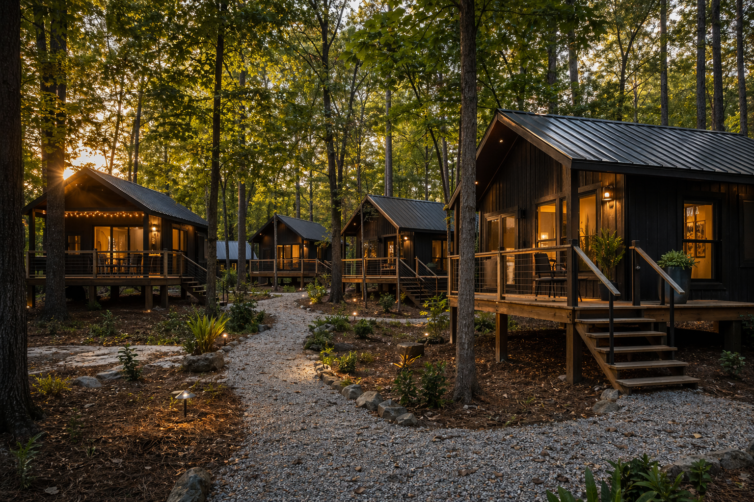 Photorealistic small-cabin cluster concept in a wooded North Carolina setting