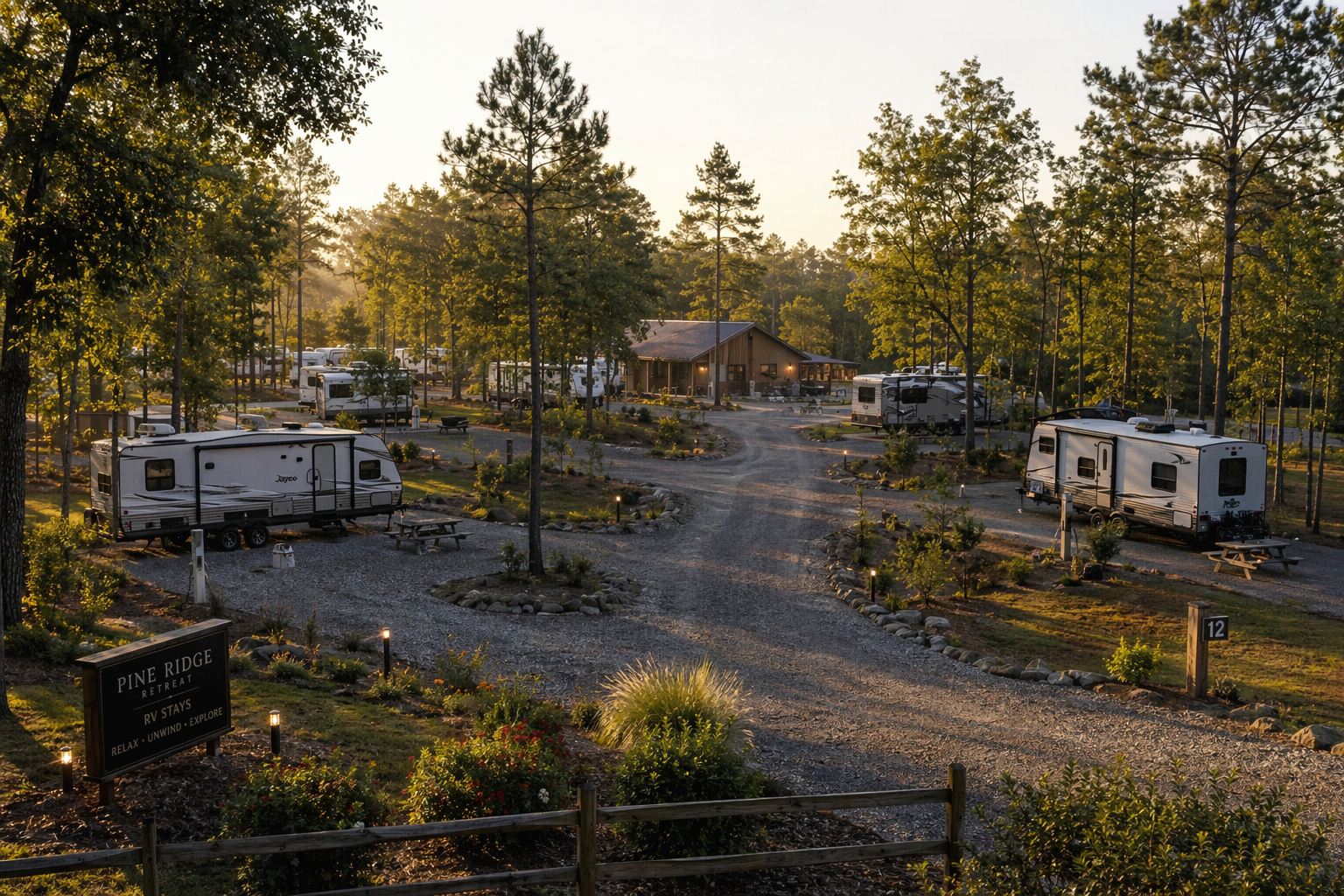 Photorealistic RV pad retreat concept in a wooded North Carolina setting