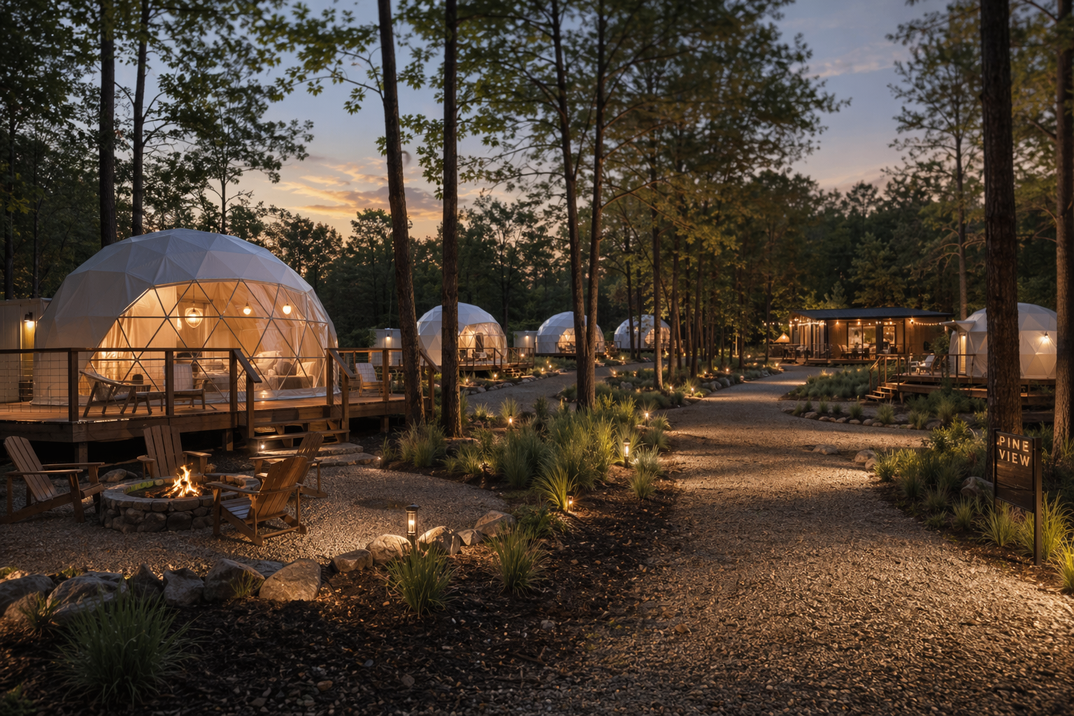 Photorealistic glamping dome retreat concept in a wooded North Carolina setting