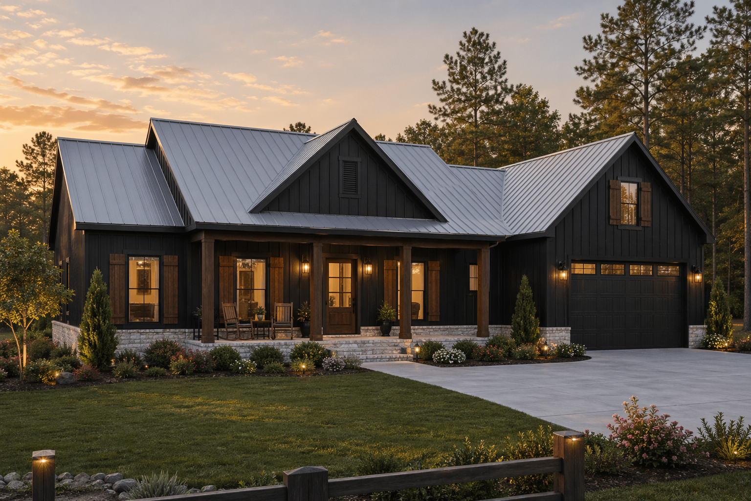 Owner home concept A in black board-and-batten farmhouse style
