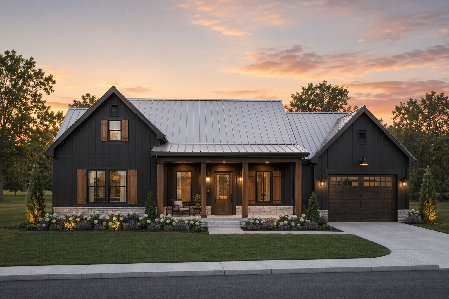 Owner home concept B in black board-and-batten farmhouse style