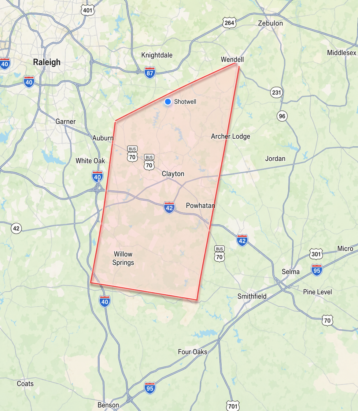 Current land search area polygon spanning the Clayton, Archer Lodge, Willow Springs, and Wendell side of the target area